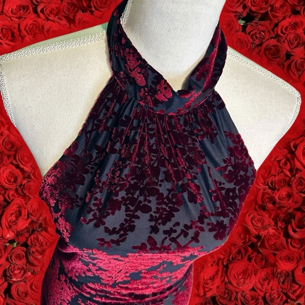 Dress the Population ‘Miranda’ Halterneck Mini Dress in “Burgundy/Black Cherry” - Picture 5 of 16